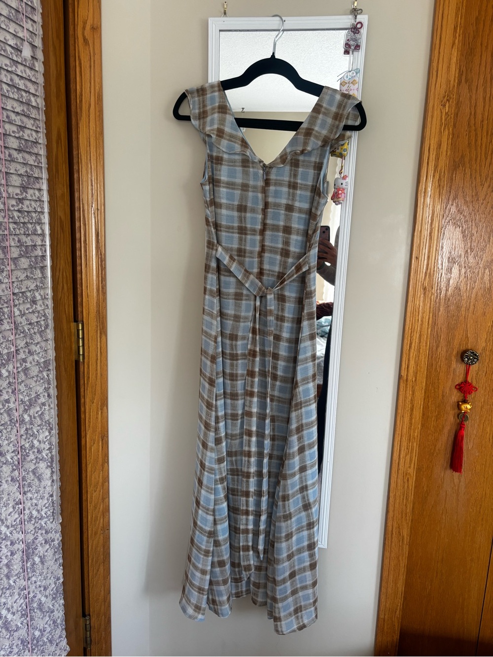 Plaid Sleeveless Maxi Dress in Light Blue and Brown - Picture 4 of 4